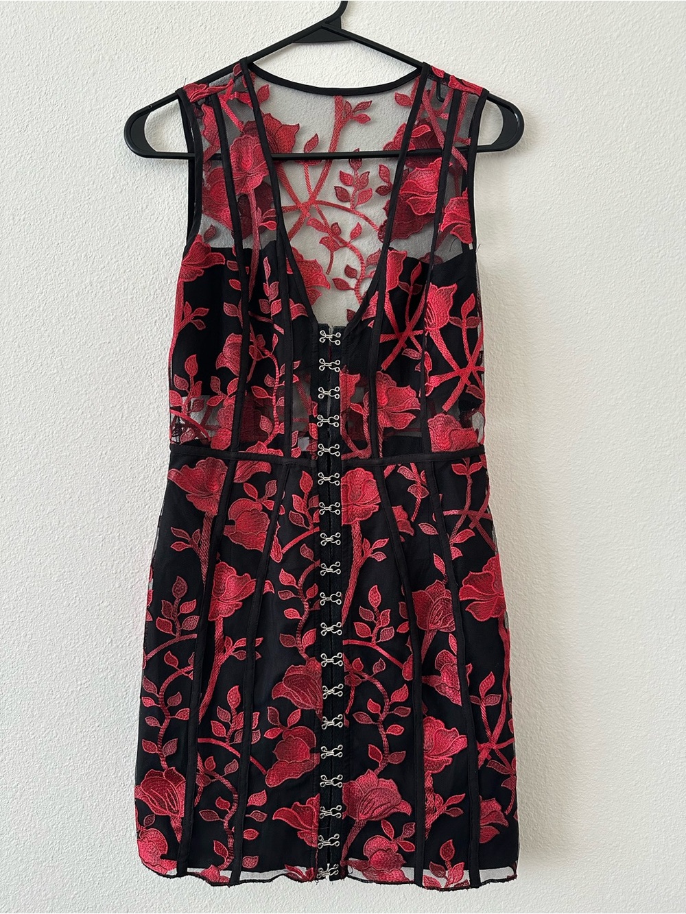 Tobi Black Mini Dress with Red Floral Embroidery